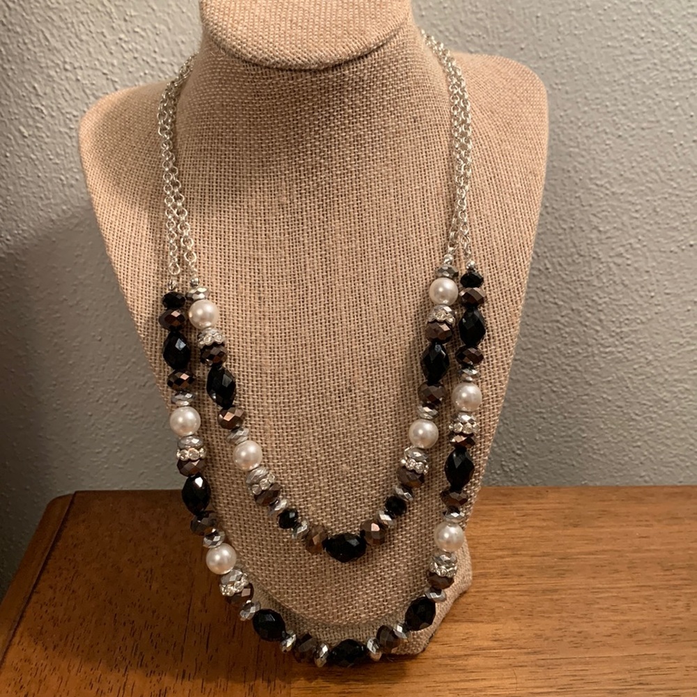 WHBM Beaded Double Strand Necklace with Silver Tone Chain